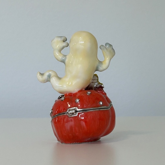 Spooky Metal Enameled Trinket Box Porcelain Ghost Crystals - Picture 3 of 8